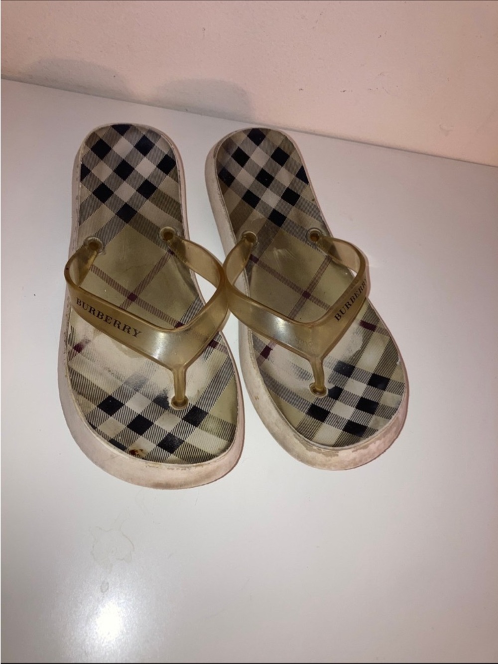 Burberry Beige Plaid Jelly Thong Sandals with Gold Straps